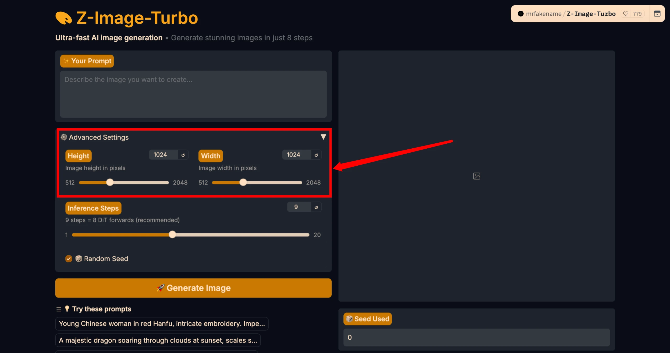 Z-Image Turbo advanced settings panel